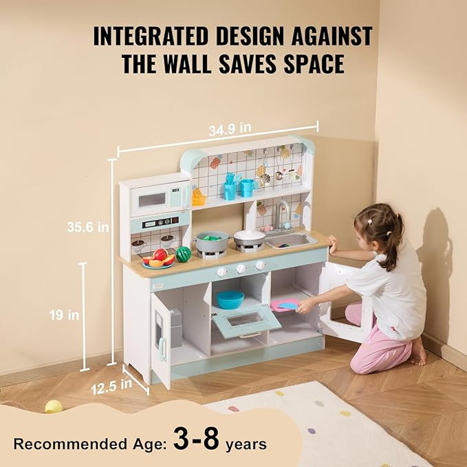VEVOR Play Kitchen for Kids, Wooden Toy Kitchen Set with Lights and Sounds, Toddler Kitchen with Ice Maker, Oven, Sink, Microwaves, Fridge and Utensil and Fruit Accessory for Toddlers Ages 3-8, White