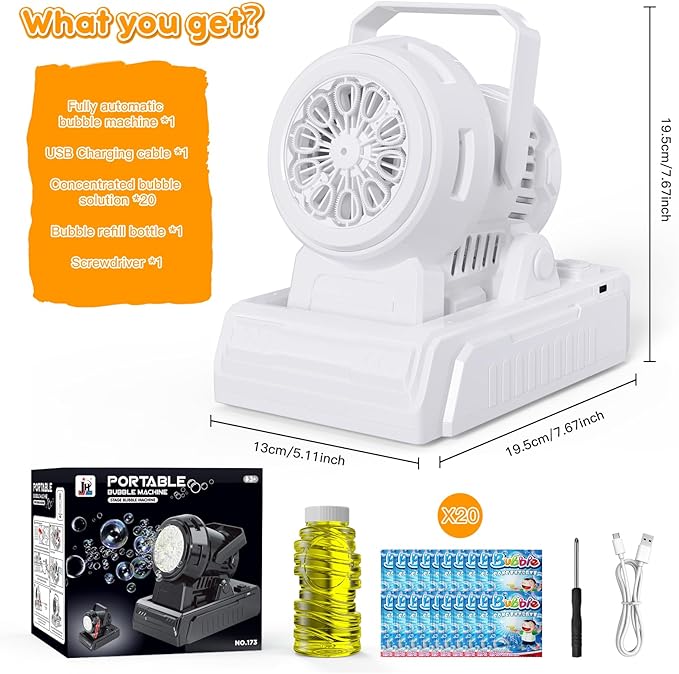 PANACARE Automatic Bubble Machine, Electric Portable Bubble Machine with 20 Bubble Solutions, Produce 10000+ Big Bubbles Per Minute, Suitable for Wedding/Birthday/Children/Party