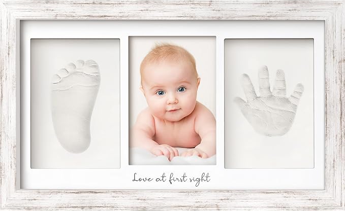 Baby Hand and Footprint Kit - Clay Handprint Keepsake Frame, Newborn Nursery Picture Frame, Personalized New Mom Gifts for Baby Shower & Registry (Vintage White)