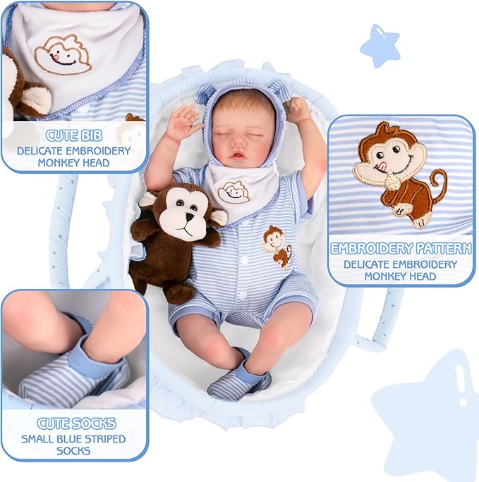 Aori 8 Pcs Reborn Baby Dolls Outfit Set with Bassinet Accessories for 16-18 Inch Baby Doll, Blue Carrier Bed and Baby Doll Clothes fit Newborn Baby Dolls