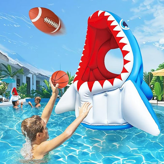 Inflatable Pool Floats, Kids Swimming Pool Toys 3-in-1 Shark Basketball & Football & Head Hoop for 3 4 5 6 7 8 Years Boys Girls Beach Backyard Party Water Games Birthday Gift