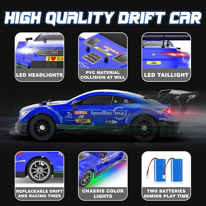 1/16 RC Drift Car, 2.4GHz 4WD Remote Control Drift Car, 30+KM/H High Speed Drift RC Cars with LED Lights 2 Batteries and Drift Tires Race Cars for Adults Boys Kids, Blue