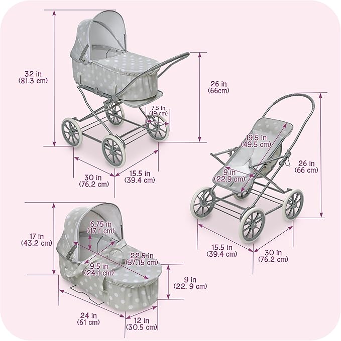 Badger Basket Just Like Mommy 3-in-1 Convertible Doll Pram, Carrier & Stroller - Gray/Polka Dots - Fits Dolls 18 to 22 Inches