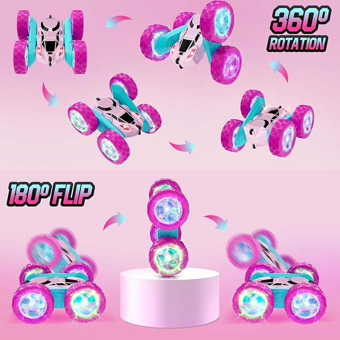 Pink Remote Control Car for Girls 6-12 Year Old Double Sided 360°Rotating 4WD Rechargeable RC Cars Race Stunt Toy Car for Kids Birthday