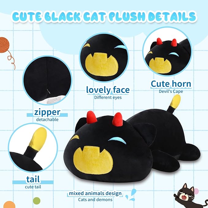 Black Cat Plush Pillow Cute Soft Pumpkin Cat Plush Toy Stuffed Animals Kitten Plushie Doll Great Gift for Kids and Adult Birthday Christmas Valentines, 12", Yellow