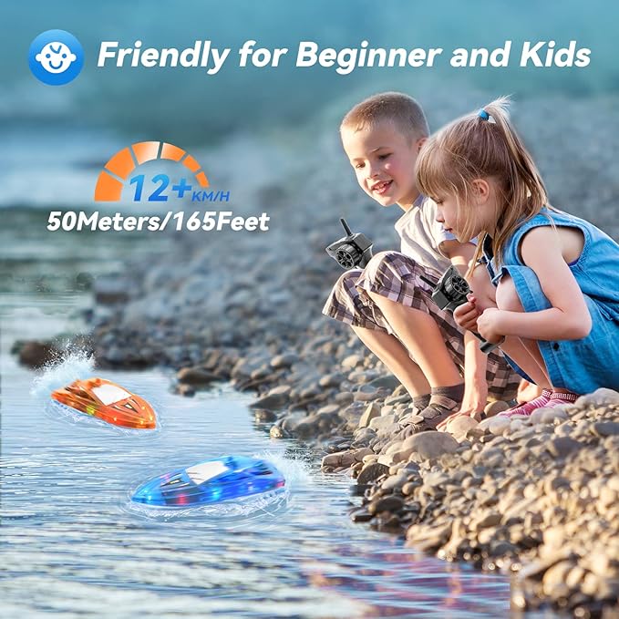2Pack LED Light RC Boat Remote Control Pool Water Toys for Kids Ages 8-12 Adults Lakes Bathtub Toy with Whole Body Waterproof,Low Battery Alarm,2.4Ghz,Control Range 50M,Rechargeable Battery