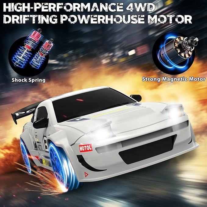 RC Drift Car, 1/24 Remote Control Car, 2.4Ghz 17KM/H High Speed RC Cars with LED Lights, Extra Tires, 2 Rechargeable Batteries, 4WD Racing Car Toys Christmas Birthday Gift for Kids Boys Girls Adults