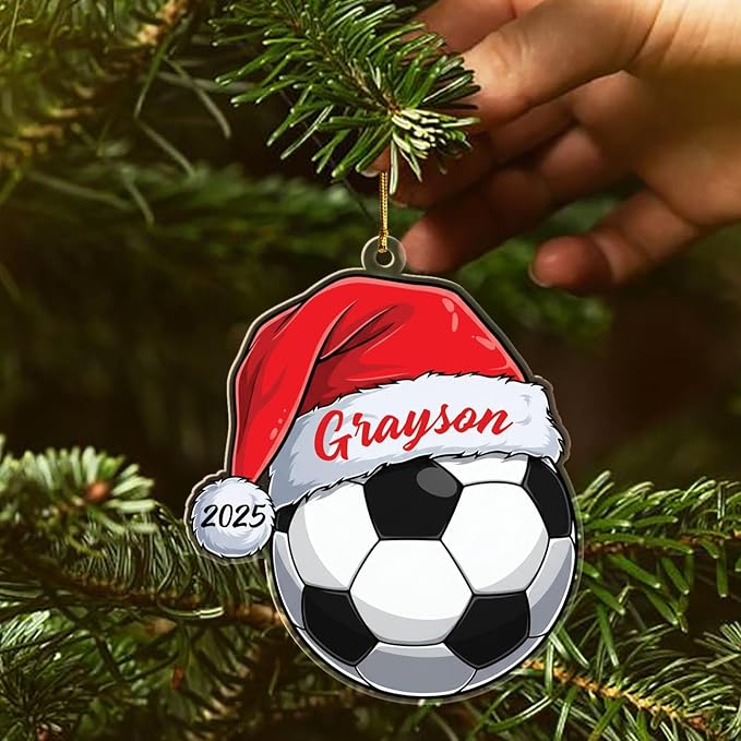 Personalized Soccer Santa Hat Shaped Christmas Ornament 2025, Unique Sport Christmas Tree Ornament Gift for Sport Lovers Player Team Coach, Customized Year& Name Soccer Fans Keepsake Xmas Ornaments