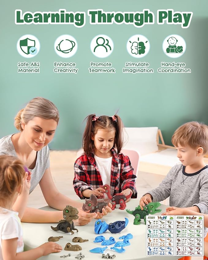6 Pack Stem Dinosaur Toys, Kids Take Apart Construction Building Toys Learning Educational Dino Kit Play Set, Party Christmas Birthday Gifts for Toddler Boys Girls Age 3-8