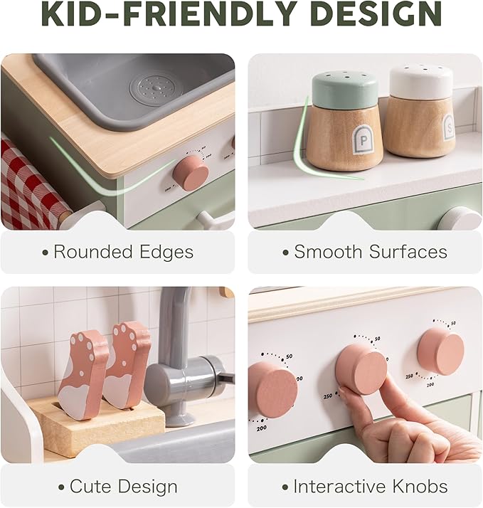 ROBOTIME Wooden Play Kitchen for Kids, Pretend Kitchen Set with Ice Maker, BBQ, Lights & Sounds, Toy Kitchen for Toddlers Ages 3+, Kitchen for Boys and Girls