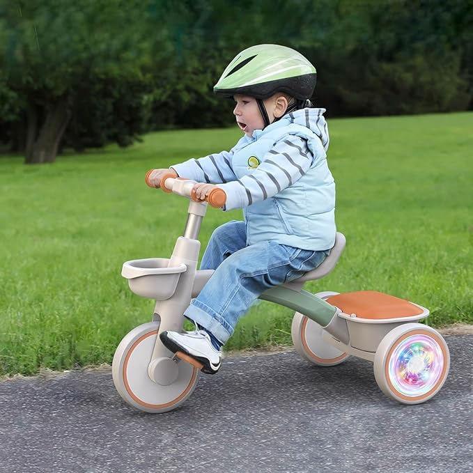 SEREED Colorful Lighting Toddler Tricycle for 2-5 Years Old Boys Girls, Adjustable Seat&Handlebar Trike, Removable Basket, Birthday Gift Idea for Kids Ages 2+ (Green)