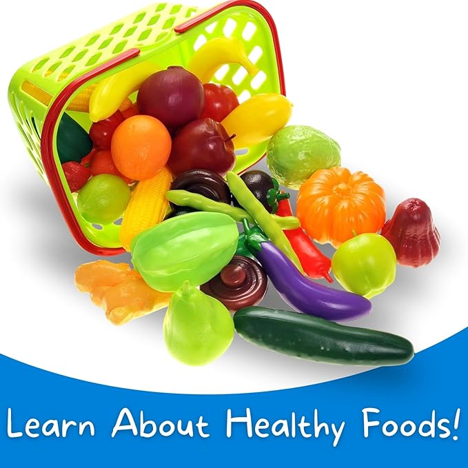 38 PCS Fruits and Vegetables Shopping Basket Play Food Plastic Toys Set, Healthy Farmer's Market Grocery Educational Pretend Play Set for Kids
