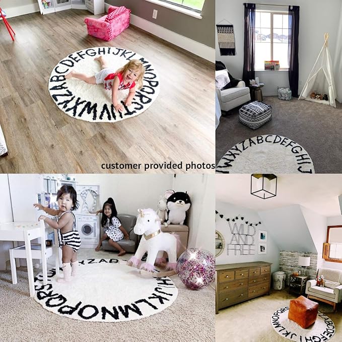 blue page ABC Kids Rug Alphabet Educational Area Rugs for Infant Toddlers - Soft Playtime Collection, Home Decor Teepee Tent Round Play Mat, Best Shower Gift (59", White Black)