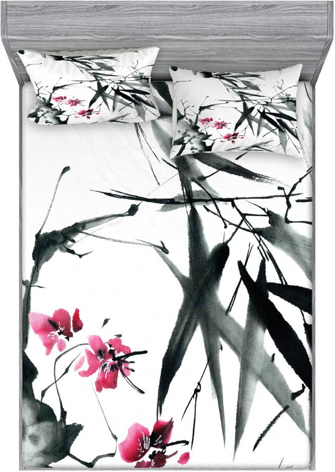 Ambesonne Japanese Fitted Sheet & Pillow Sham Set, Nature Concept Traditional Cherry Blossom Japanese Inspired Folk Print, Decorative Printed 2 Piece Bedding Decor Set, King, Dark Green and Fuchsia