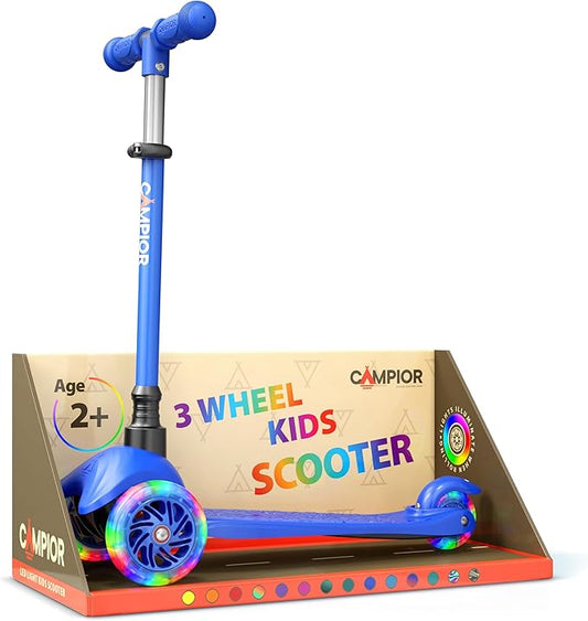 Blue Mini 3 Wheel Scooter for Kids – Lean-to-Steer with LED Light-Up Wheels, Adjustable Handlebar, Wide Anti-Slip Deck, Smooth PU Wheels, Rear Foot Brake – Toddler Scooter for Ages 2+