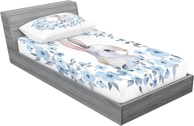 Ambesonne Watercolor Flower Fitted Sheet & Pillow Sham Set, Bunny Rabbit Portrait in Floral Wreath Illustration Country Style, Decorative Printed 2 Piece Bedding Decor Set, Twin, Blue White