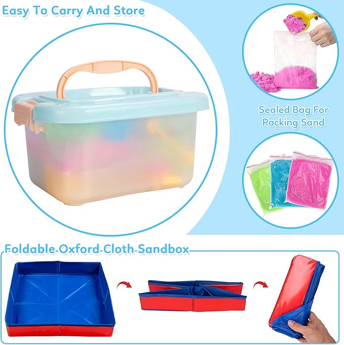ThinkMax Sand Kit for Kids - 3lbs Sand, 6 Mini Construction Trucks, Toys, Signs, Castle Molds, Tools, Foldable Box and Storage Bin Tote - 43PCS Set for Boys Girls