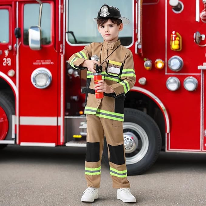 yolsun Fireman Costume for Kids, Boys' and Girls' Firefighter Dress up, Fire Fighter with Toy Accessories Halloween Role Play