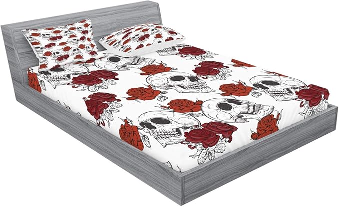 Ambesonne Skull Fitted Sheet & Pillow Sham Set, Retro Gothic Dead Head Skeleton with Roses Halloween Theme Spooky Trippy Romantic, Decorative Printed 3 Piece Bedding Decor Set, Calking, Grey