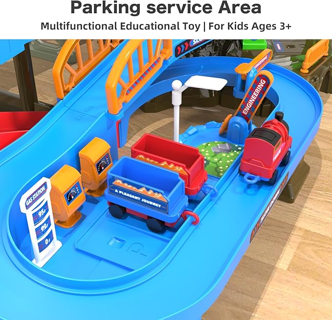 64PCS Train Engineering Adventure Track Toy for Kids 3+,Electric Climbing Ladder, Rotating Crane, Multi-Level Obstacles, Realistic Mining World with Parking&Gas Station,Ideal Gift