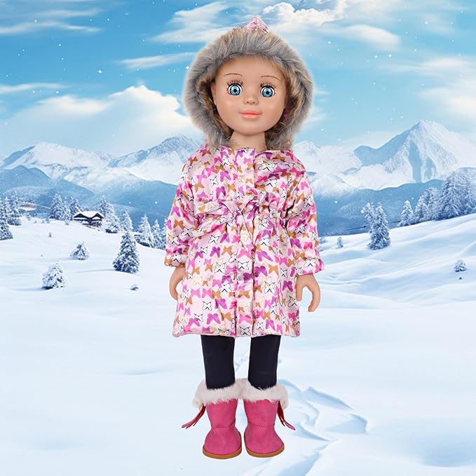 18-inch Doll Down Jacket, Doll Winter Clothing Set, 5 Different Colors and Patterns Available. (Pink-Butterfly Print)