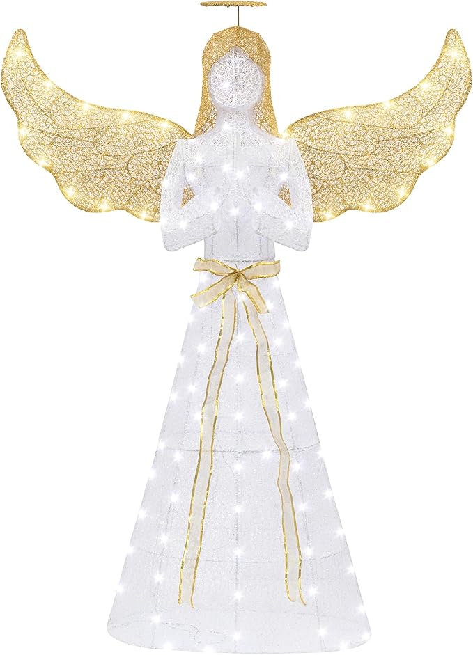 Shintenchi 5FT Lighted Christmas Angel, Outdoor Christmas Holiday Decoration, Pre-lit 3D Glittered Angel with 110 2 Color LED Lights and Ground Stakes, Zip Ties