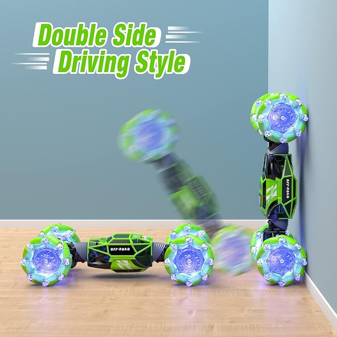 Powerextra LED Gesture Rc Car, 4WD Transform Remote Control Gesture Sensing Car, Double Sided 360° Rotating Off Road Stunt Car with Lights, Toy Car for 6-12 Year Old Boys & Girls