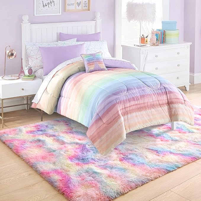 Ompaa Rainbow 9x12 Feet Area Rugs, Large Rainbow Rug for Girls Bedroom, Pastel Unicorn Kawaii Tie Dye Carpet for Teens Dorm Classroom Aesthetic, Shaggy Nursery Rug for Baby Princess Room