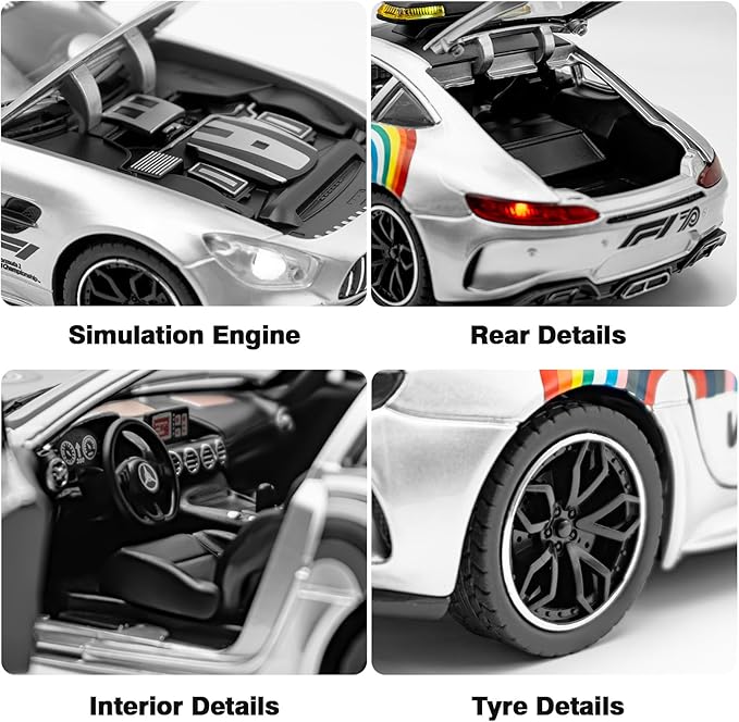 1/24 Diecast Metal Toy with Lights and Sounds, Mini Vehicles Toys Race Cars for Kids, Ages 3 and Up (Silver)