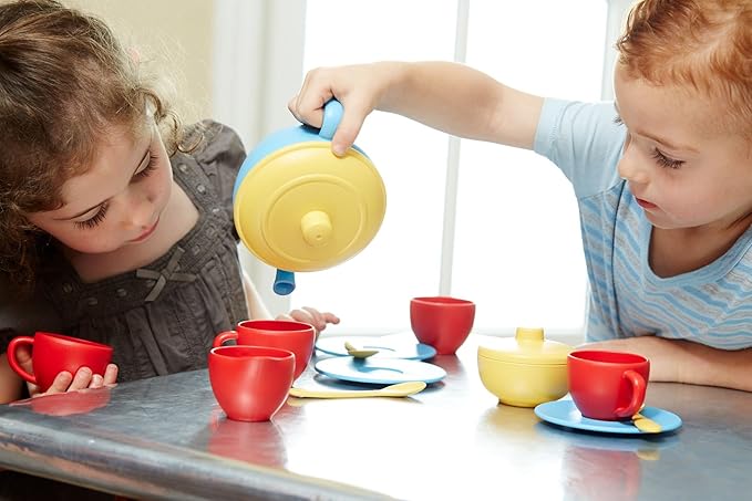 Green Toys Tea Set, Blue/Red/Yellow - 17 Piece Pretend Play, Motor Skills, Language & Communication Kids Role Play Toy. No BPA, phthalates, PVC. Dishwasher Safe, Recycled Plastic, Made in USA.