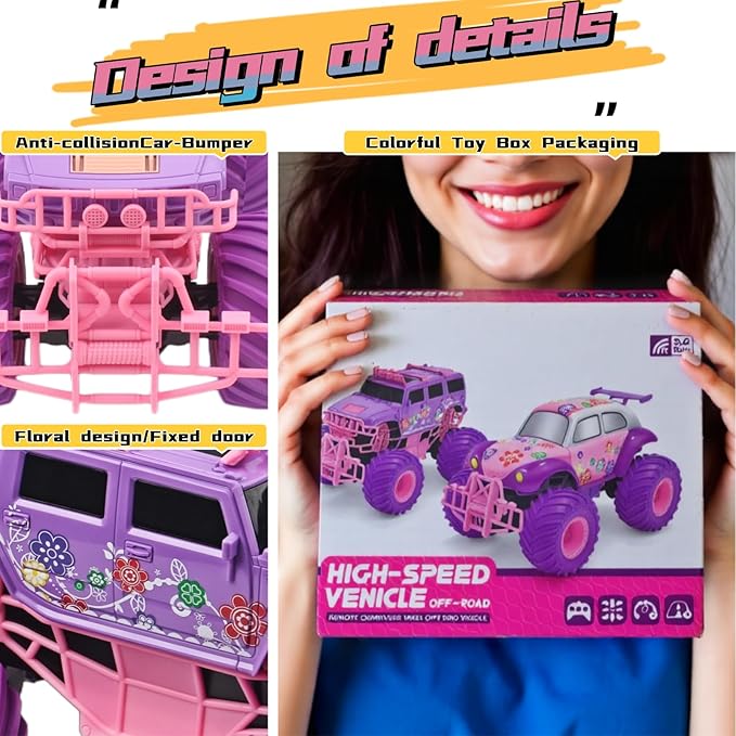 1:16 Scale RC Cars - All-Terrain Off-Road Monster Truck & Hummer, 2.4GHz Remote Control Vehicle Toys for Girls Ages 6-12 (Pink/Purple) | Box Included