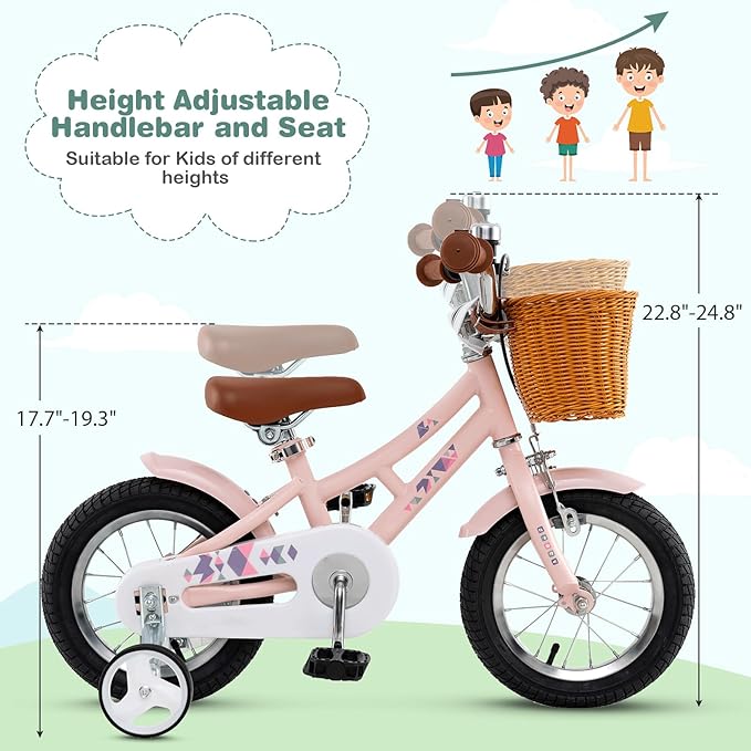 BABY JOY Retro Kids Bike, 12 14 16 18 Inch Child Bike for 3-8 Years Old w/Rattan Basket, Adjustable Height, Training Wheels, Fenders, Handbrake Coaster Brake, 95% Pre-Assembled Kids Bicycle for Girls