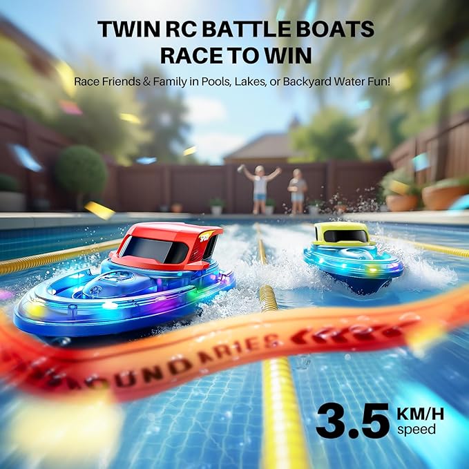 SYMA 2 Pack RC Boats for Kids 8-12, Remote Control Racing Boat Set for Pool with LED Lights,40 Mins Playtime(2 Batteries) and One-Key Water Spay, Summer Gifts Toys for Boys and Girls