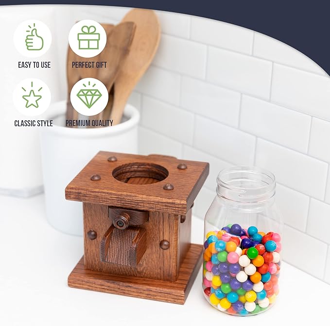 Peaceful Classics Wooden Candy Dispenser - Amish Handmade Containers & Storage For Gummy Or Peanut- Wood Storage Gumball Machine For Skittles Or M&Ms - Cereal Dispenser Countertop (Provincial)