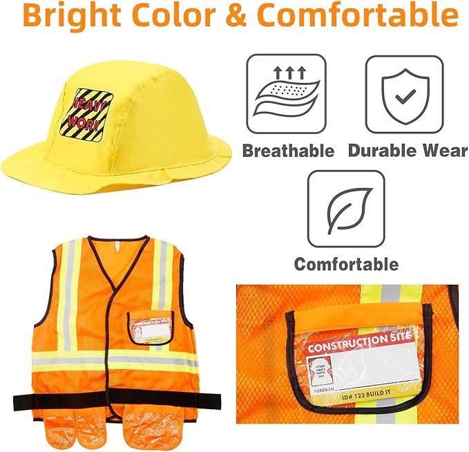 Construction Worker Costume Kids Dress Up Role Play Pretend Worker Costume Kits for Halloween