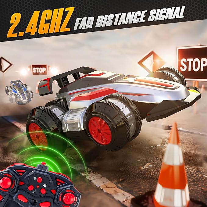 1:14 Remote Control Roll Stunt Car for Boys 360°Rotating 4WD RC Cars with Lights Music Upright Walking Four-Wheeled Rollover Toy Car Presents for Age 6-12(Blue)