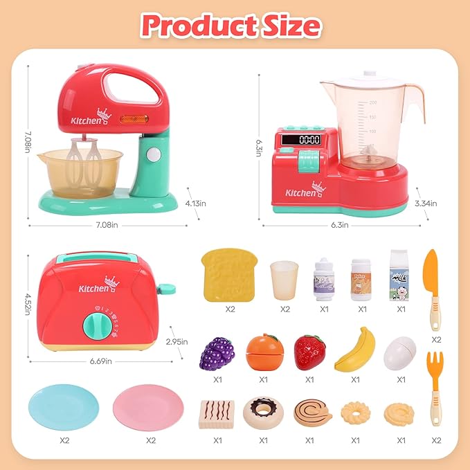 CUTE STONE Toy Appliances Playset, Kids Mixer and Blender with Sound & Lights, Toaster, Cutting Play Food, Toddler Kitchen Accessories Set for Boys & Girls