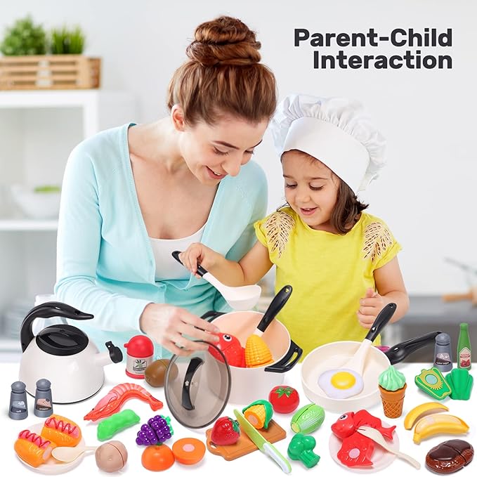 CUTE STONE Play Kitchen Accessories Toy, Play Food Sets for Kids Kitchen, Pretend Kitchen Set for Kids with Play Pots, Pans, Toddler Kitchen Playset Kitchen Toys for Girls Boys