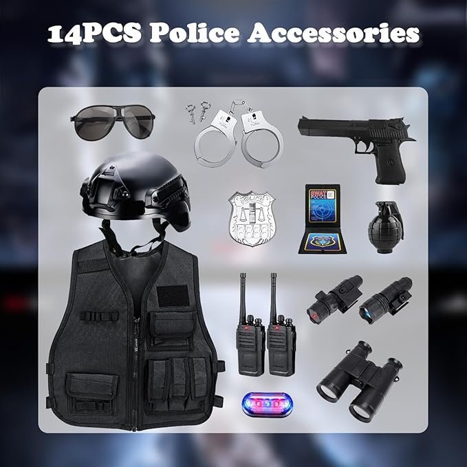 Police Costume for Kids, Tactical Helmet with Walkie Talkies,Swat Vest for Boys, Police Officer Uniform Role Play Toddler Dress Up Clothes with Toy Gun, Halloween Costumes for Kids 4 5 7 6 12 Year Old