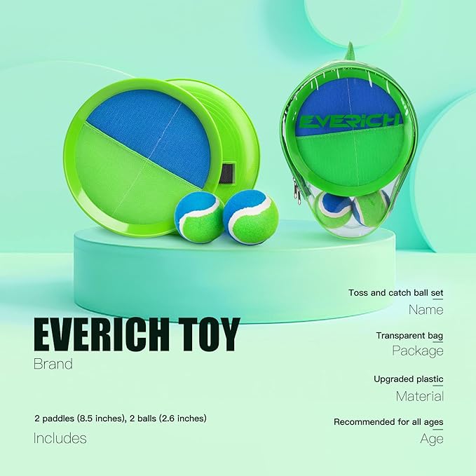 EVERICH TOY Upgraded Toss and Catch Ball Game Set - Indoor and Outdoor Games for Kids 3-12, Beach Sand Pool Water Toy Includes 2 Paddles 2 Sticky Balls, Great Birthday Gifts for Boys Girls