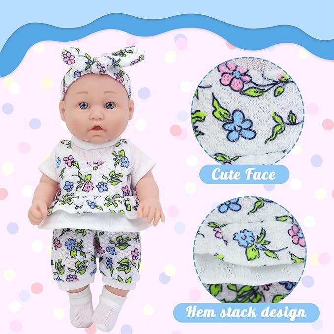 Ecore Fun 12 Inch Baby Doll with Clothes and Accessories,16 Pcs Reborn Alive Doll Playset Sets Include 12 Inch Doll,2 Sets of Clothes,Headband,Soft Socks,Tableware ,Feeding Bottle, Diapers,Nipple