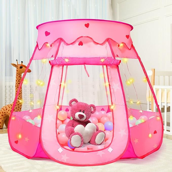 Pop Up Princess Tent with Star Light, Toys for 1 2 3 Year Old Girl Birthday Gift, Ball Pit for Baby 12-18 Month, Foldable Kids Play Tent for Toddler 1-3, One Year Old Girl Toy Indoor Outdoor