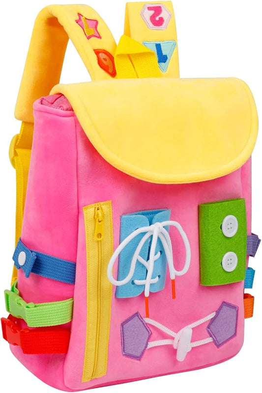 Busy Board - Toddler Backpack with Buckles and Learning Activity Toys - Develop Fine Motor Skills and Basic Life Skills - Learn to Tie Shoes - Children's Travel Toy (Pink)
