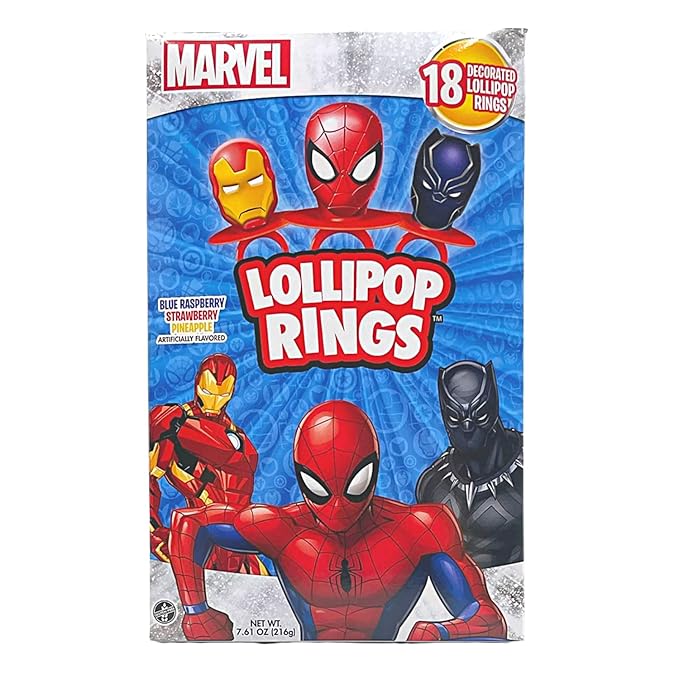Marvel Lollipop Rings Birthday Decorations Individually Wrapped Candy Party Favors Spider-Man Iron Man Black Panther Character Shaped Suckers 18 Count