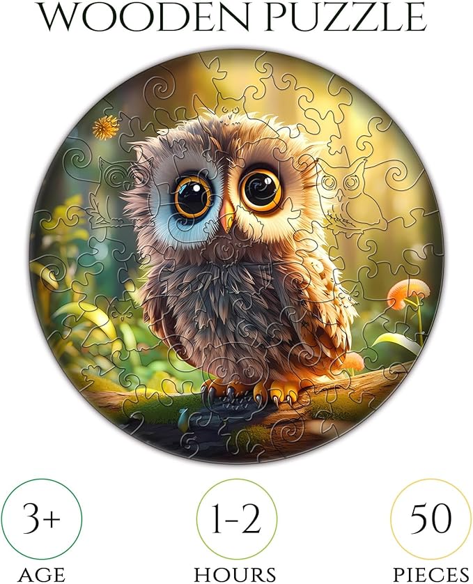 Easter Gifts for Kids Girls Boys, Easter Basket Stuffers, Wooden Jigsaw Puzzles for Kids Ages 4-6, 50 Piece Unique Shape Animal Theme Puzzle - Preschool Learning Educational Toys for Kid 3+ (owl)
