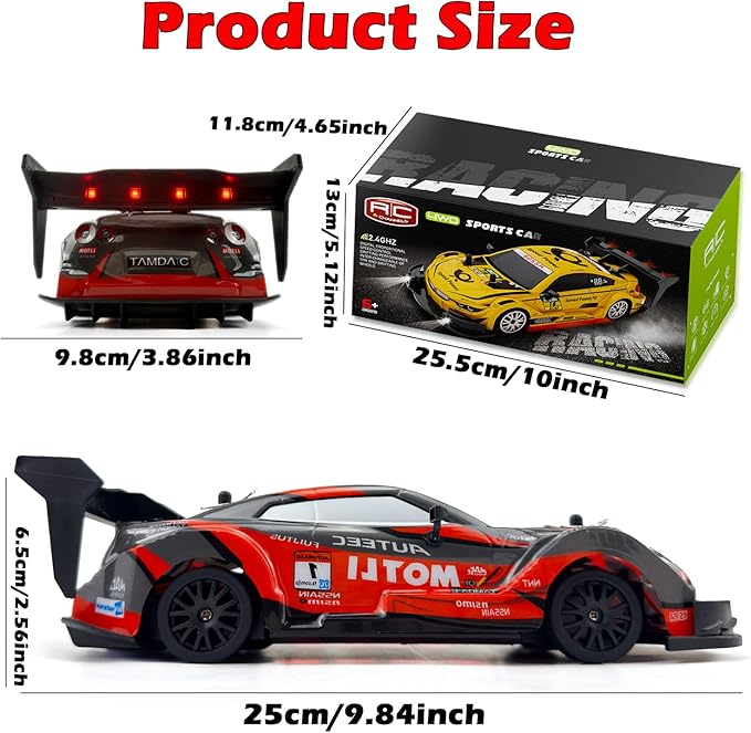 1:20 RC Drift Car 2.4GHz 4WD High Speed Drift Remote Control Cars Vehicle with LED Lights and Drifting Tires Batteries x2 Racing Sport Toy Cars for Adults Boys Girls Kids (Red)