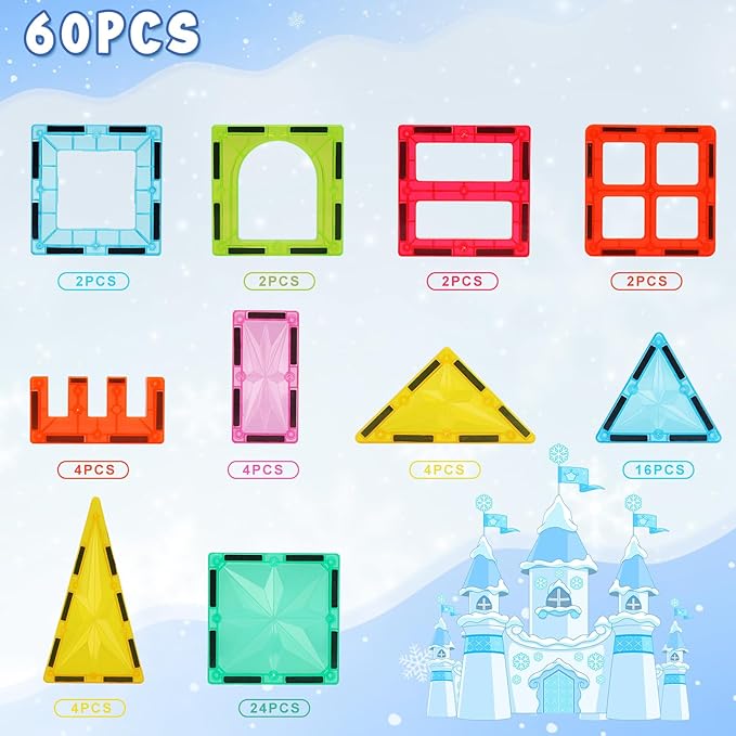 Magnet Tiles, 60PCS Magnetic Building Blocks, Magnetic Tiles, Square Building Castle, Preschool Toys, STEM Stacking Construction Toys for Boys Girls