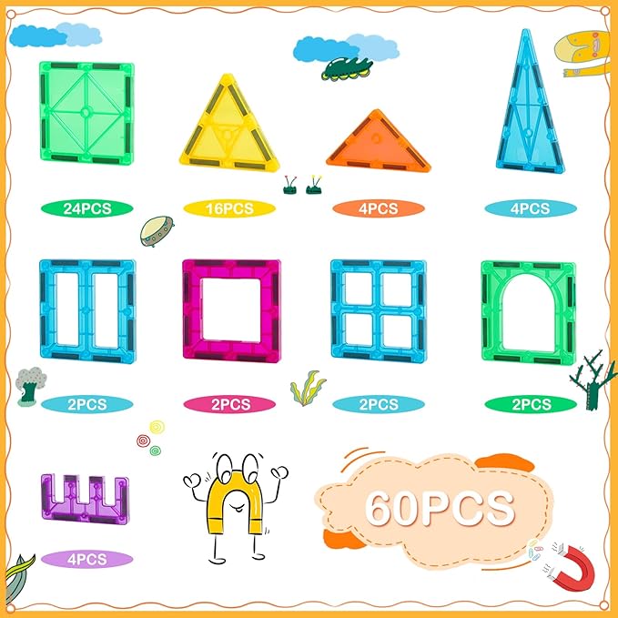 Magnetic Tiles, Magnet Tiles, Magnetic Building Blocks, Square Building Castle, Preschool Toys, STEM Stacking Construction Toys for Boys Girls 3 Years up