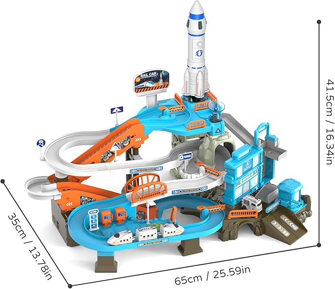 53PCS Space High-Speed Rail Adventure Track Set-Electric Elevator, Rotating Slide, 3 Mini Police Cars & Train, Lights & Music, Interactive Adventure Playset Fun for Kids 3+, Ideal Gift