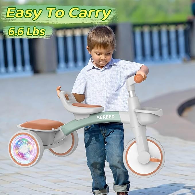 SEREED Colorful Lighting Toddler Tricycle for 2-5 Years Old Boys Girls, Adjustable Seat&Handlebar Trike, Removable Basket, Birthday Gift Idea for Kids Ages 2+ (Green)
